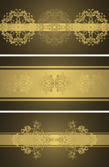 Set of three vector cards with a vintage decorative borders in a gold