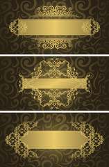 Set of three vintage cards with luxury gold decoration. Floral seamless background