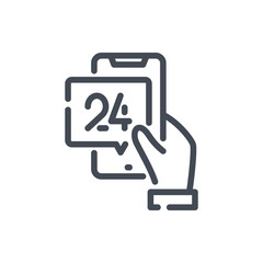 Smartphone with online support line icon. Hand with mobile phone and speech box with 24 vector outline sign.