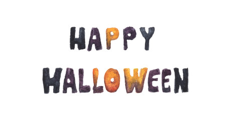 Happy Halloween Text Banner. Isolated on white background. Greeting design banner, Halloween holiday celebration, party invitation. watercolor illustration.
