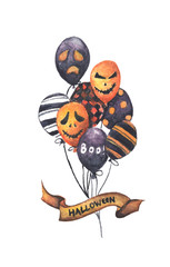 Halloween ribbon hanging on Bunch of scary air balloons. Isolated on white background. Watercolor illustration. Orange and black balloons. Happy Halloween.