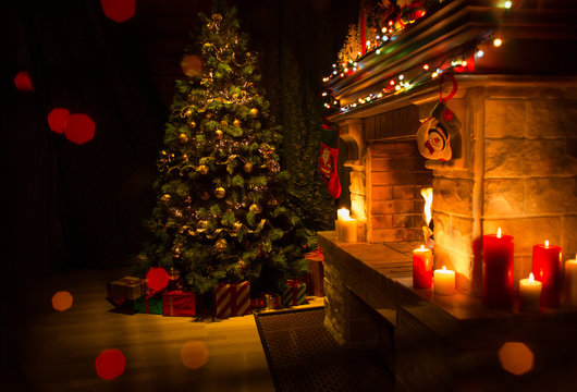 Christmas decorated interior with fireplace and xmas tree