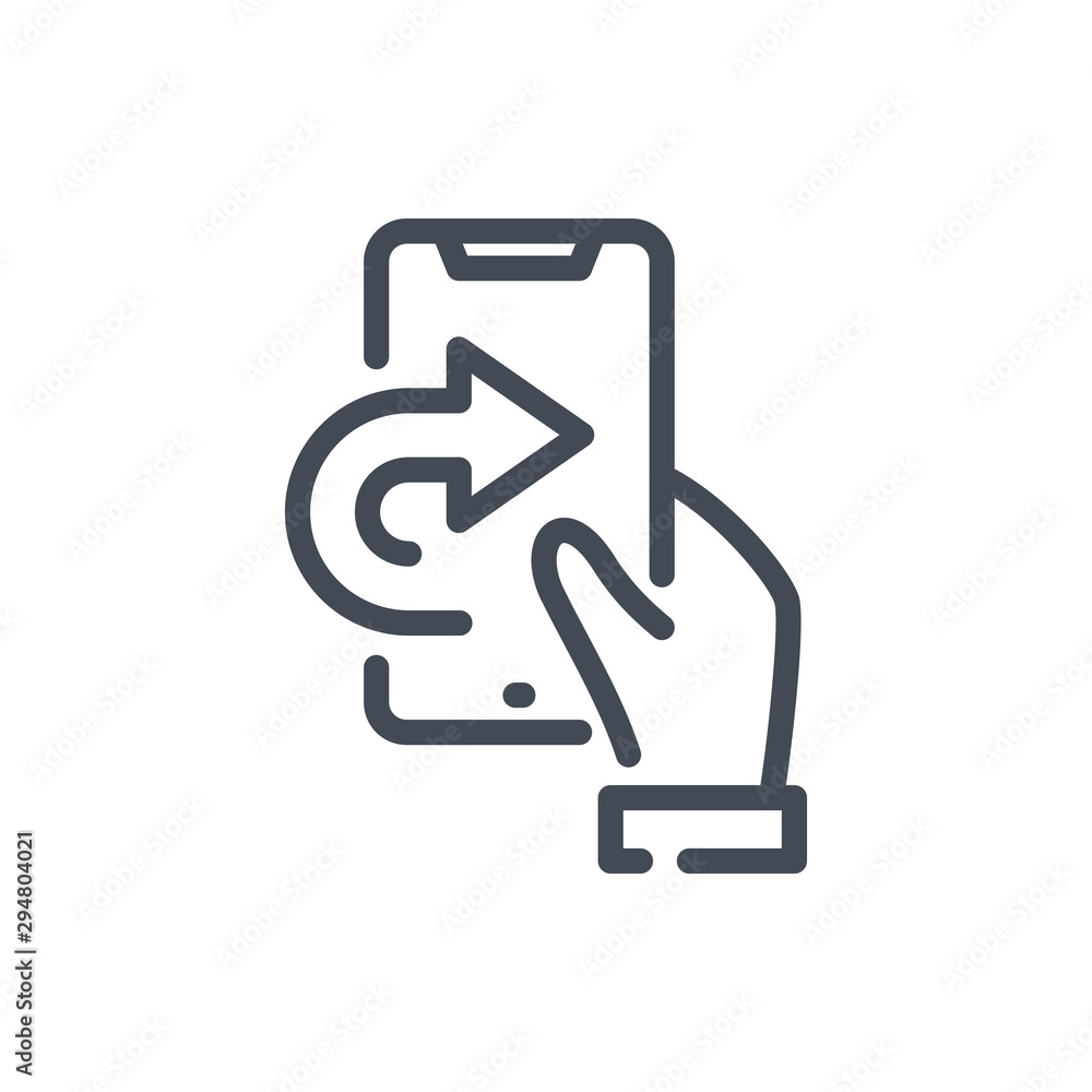 Poster hand with mobile phone and missed call line icon. call back vector outline sign.