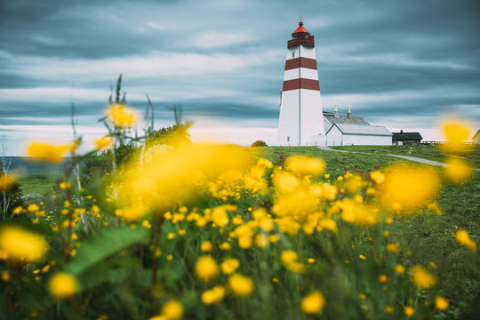 Alnesgard, Godoya, Norway. Old Alnes Lighthouse In Summer Day In Godoy Island Near Alesund Town. Alnes Fyr