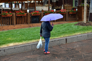 people with an umbrella walk in the rain