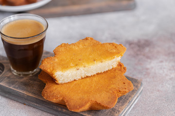 Traditional dessert from El Hierro, the Canary Island – Quesadilla with cup of coffee at local...