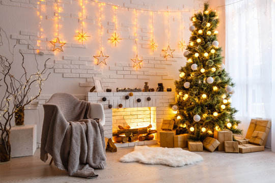Interior room decorated in Christmas style. No people. Neutral colors. Home comfort of modern home. A series of photos
