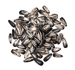 Striped sunflower seeds isolated on white background with clipping path, top view