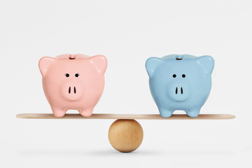 Pink and blue piggy bank on balance scale - Gender pay equality concept