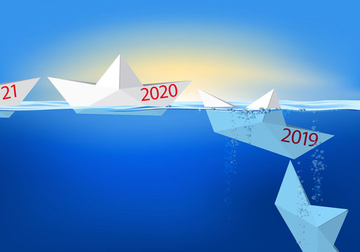 Carte de vœux 2020 montrant des bateaux en papier qui se succèdent à la queue leu leu, avant de couler à pic pour symboliser l’année qui s’achève et disparaît dans le passé.