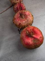 Beet, beetroot bunch on grey stone background. Copy space. Top view.