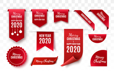 Christmas Tags set. Red scrolls and banners isolated. Merry Christmas and Happy New Year labels. Vector illustration - obrazy, fototapety, plakaty