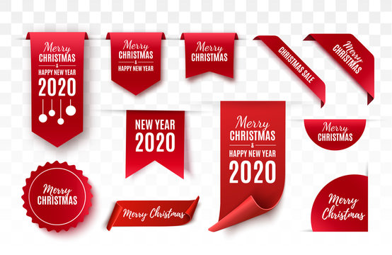 Christmas Tags set. Red scrolls and banners isolated. Merry Christmas and Happy New Year labels. Vector illustration