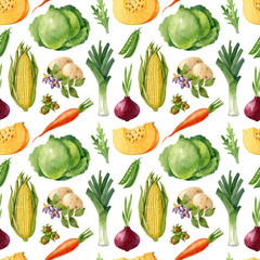 Watercolor seamless pattern with fresh ripe vegetables and nuts isolated on white background. Food illustration perfect for fabric, package, scrapbooking. Realistic style.