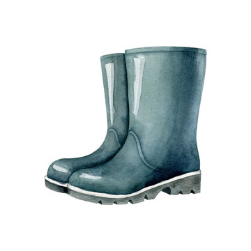 Blue rubber boots isolated on white background. Watercolor illustration, handmade clipart.