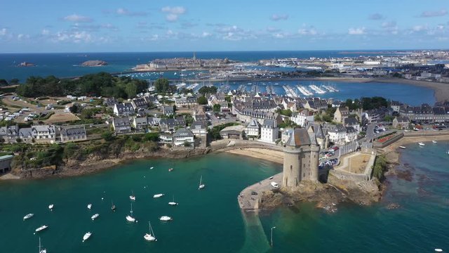 Aerial view of Saint Servan and the Solidor tower, Saint Malo in French Brittany, France.