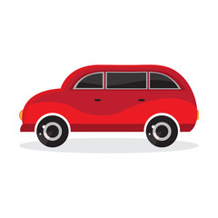 Red cartoon car in flat vector. Transport vehicle. Toy car in children's style. Fun design for sticker, logo, label. Isolated object on white background. The view from the side.