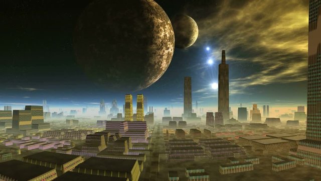 Two Planets and Shooting Stars over Alien City. Over the city in a dark starry sky two large planets. Bright blue objects (UFO) fly to the horizon. Yellow glowing clouds float across the sky. 