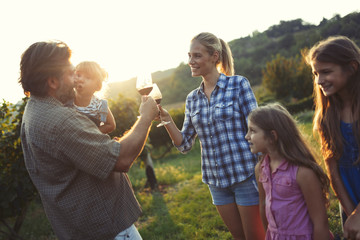 Picture of people tasting red wine in vineyard