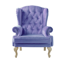 Isolated purple armchair. Vintage purple velvet armchair on a white background. Insulated furniture