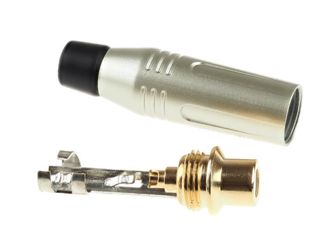 Gold plated RCA audio connector, dissasembled, isolated on white