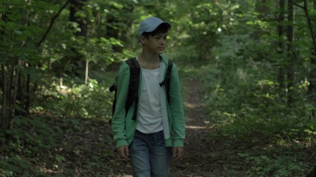 Traveler boy in a cap with a backpack walks through the woods and looks around