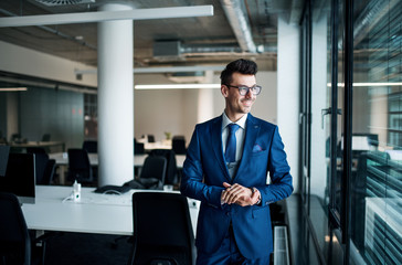A portrait of young businessman standing in an office.