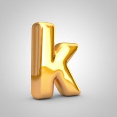 Golden metallic balloon letter K lowercase isolated on white background.