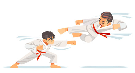 Two kids sparing on karate, makes a high kick.