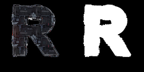 Letter R from the set of technological alphabet font . 4000 px RGB + 4000 px Alpha, 3D render