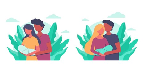 Young happy mother and father with newborn baby on arms. Happy parents family concept. congratulations on a child, kids clothes. Baby shower Invitation. Mom and dad nursing baby