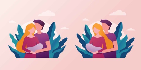 Young happy mother and father with newborn baby on arms. Happy parents family concept. congratulations on a child, kids clothes. Baby shower Invitation. Mom and dad nursing baby