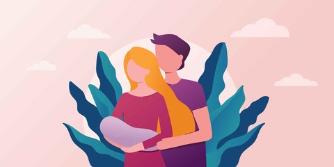 Young happy mother and father with newborn baby on arms. Happy parents family concept. congratulations on a child, kids clothes. Baby shower Invitation. Mom and dad nursing baby