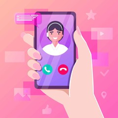 Fototapeta premium Hand holding smartphone with personal assistant service app. Advice supporting feedback, hotline talk chat. customer support call center and online advice service. online supporter agent