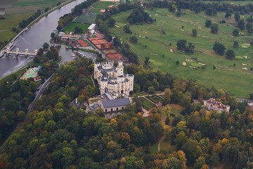 View of the landscape from a sports plane on the Czech Republic, South Bohemia Castle and chateau Hluboka nad Vltavou.