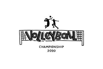 Volleyball hand written lettering logo, emblem with players, ball and net.
