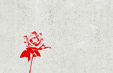 Single red rose made in graffiti style with stencil effect painted on white washed concrete textured wall. Landscape format with blank copy space.