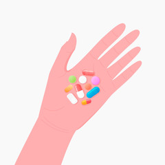 Pharmacy concept. Pills and tablet on human hand.