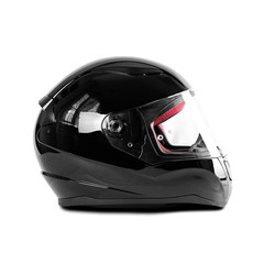 Fototapeta premium Czarny błyszczący kask motocyklowy. Ścieśniać. Na białym tle