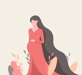 Beautiful pregnant woman in colorful leaves.