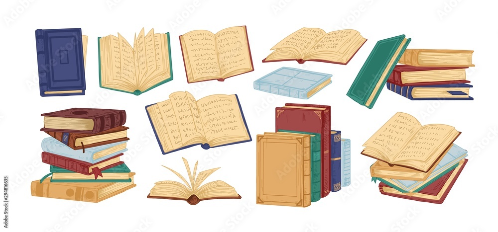 Poster Books piles hand drawn vector illustrations set. Blank textbooks heaps. Hardbacks with empty pages isolated on white background. Literature realistic drawing. Organizers, planners, notebooks.