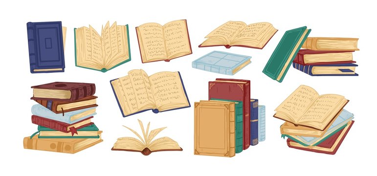 Books piles hand drawn vector illustrations set. Blank textbooks heaps. Hardbacks with empty pages isolated on white background. Literature realistic drawing. Organizers, planners, notebooks.