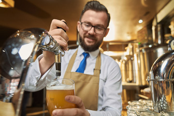 Barman pouring lager beer in cold glass.