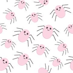 Vector Halloween Seamless Pattern of Cute Spiders icons. Cute Nursery room wallpaper, frame, card. Pastel colors scared Cartoon character isolated on white. Printable flat style