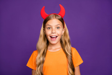 Photo of emotional little lady open mouth headband horns playing helloween party satan devil...