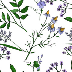 Vector Wildflowers floral botanical flowers. Black and white engraved ink art. Seamless background pattern.