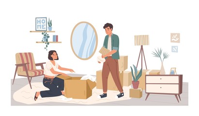 People relocating to new apartment flat vector illustration. Man and woman cartoon characters packing belongings. Young couple unpacking furniture in living room. House moving concept.