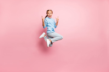 Full length body size side profile photo of overjoyed crazy excited ecstatic cheerful girl showing...