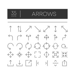 35 icons. Black lines arrows set. Collection of web signs black arrows. Vector illustration on white background