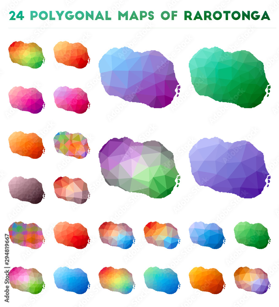 Poster Set of vector polygonal maps of Rarotonga. Bright gradient map of island in low poly style. Multicolored Rarotonga map in geometric style for your infographics.